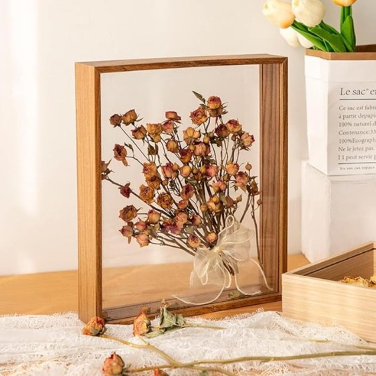 Dried Flower Display Stand Decorative Floating Photo Frame,Double Sided Plexiglass Shadow Box Picture Frame,for Display Dried Flowers,Handicrafts (Walnut color-8x12)